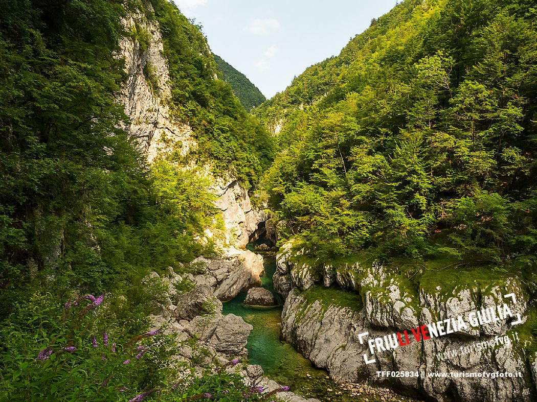The Forra del Cellina nature reserve, one of the most beautiful and spectacular reserves in Friuli Venezia Giulia. The crystal clear waters and deep canyons carved into the rocks make this stretch of road which was once the only connection between the valley and the plain unforgettable and enchanting.