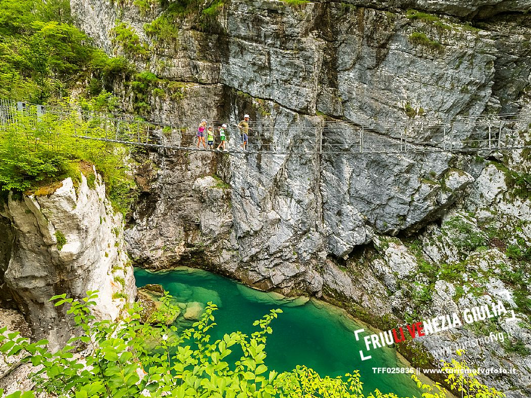 The Tibetan bridge over the Cellina, in the heart of the Friulian Dolomites, offers a spectacular and unexpected view of the gorge and the emerald waters of the stream.