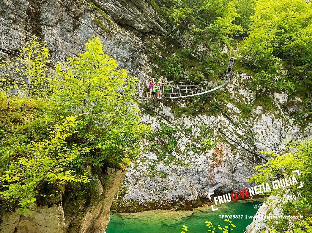 The Tibetan bridge over the Cellina, in the heart of the Friulian Dolomites, offers a spectacular and unexpected view of the gorge and the emerald waters of the stream.