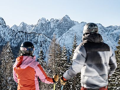 Alpine ski wit two skiers. Di Prampero slope on Lussari Mount.