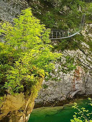 The Tibetan bridge over the Cellina, in the heart of the Friulian Dolomites, offers a spectacular and unexpected view of the gorge and the emerald waters of the stream.