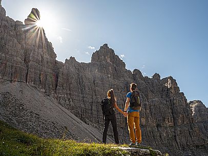 Trekking from the Pordenone Refuge to the Campanile of Val Montanaia, Giuliano Perugini Bivouac. Friulian Dolomites Natural Park, UNESCO. Trekking from the Pordenone Refuge to the Campanile of Val Montanaia, Giuliano Perugini Bivouac. Friulian Dolomites Natural Park, UNESCO.