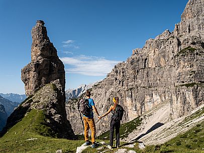 Trekking from the Pordenone Refuge to the Campanile of Val Montanaia, Giuliano Perugini Bivouac. Friulian Dolomites Natural Park, UNESCO. Trekking from the Pordenone Refuge to the Campanile of Val Montanaia, Giuliano Perugini Bivouac. Friulian Dolomites Natural Park, UNESCO.