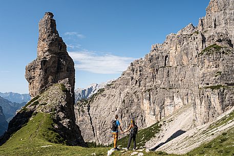 Trekking from the Pordenone Refuge to the Campanile of Val Montanaia, Giuliano Perugini Bivouac. Friulian Dolomites Natural Park, UNESCO. Trekking from the Pordenone Refuge to the Campanile of Val Montanaia, Giuliano Perugini Bivouac. Friulian Dolomites Natural Park, UNESCO.