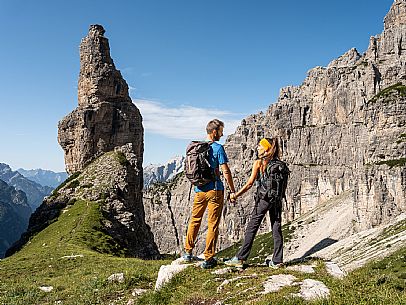 Trekking from the Pordenone Refuge to the Campanile of Val Montanaia, Giuliano Perugini Bivouac. Friulian Dolomites Natural Park, UNESCO. Trekking from the Pordenone Refuge to the Campanile of Val Montanaia, Giuliano Perugini Bivouac. Friulian Dolomites Natural Park, UNESCO.