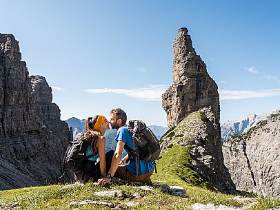 Trekking from the Pordenone Refuge to the Campanile of Val Montanaia, Giuliano Perugini Bivouac. Friulian Dolomites Natural Park, UNESCO. Trekking from the Pordenone Refuge to the Campanile of Val Montanaia, Giuliano Perugini Bivouac. Friulian Dolomites Natural Park, UNESCO.