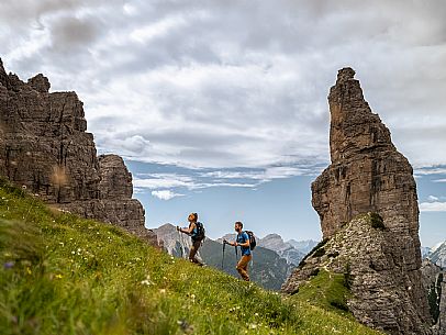 Trekking from the Pordenone Refuge to the Campanile of Val Montanaia, Giuliano Perugini Bivouac. Friulian Dolomites Natural Park, UNESCO. Trekking from the Pordenone Refuge to the Campanile of Val Montanaia, Giuliano Perugini Bivouac. Friulian Dolomites Natural Park, UNESCO.