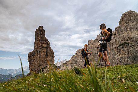 Trekking from the Pordenone Refuge to the Campanile of Val Montanaia, Giuliano Perugini Bivouac. Friulian Dolomites Natural Park, UNESCO. Trekking from the Pordenone Refuge to the Campanile of Val Montanaia, Giuliano Perugini Bivouac. Friulian Dolomites Natural Park, UNESCO.