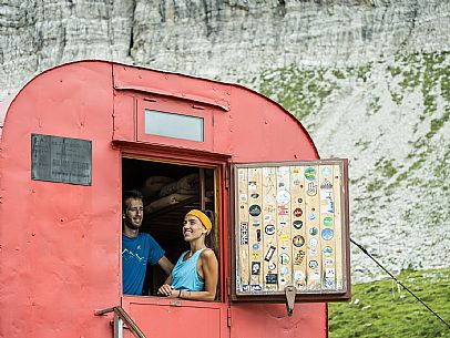Trekking from the Pordenone Refuge to the Campanile of Val Montanaia, Giuliano Perugini Bivouac. Friulian Dolomites Natural Park, UNESCO. Trekking from the Pordenone Refuge to the Campanile of Val Montanaia, Giuliano Perugini Bivouac. Friulian Dolomites Natural Park, UNESCO.