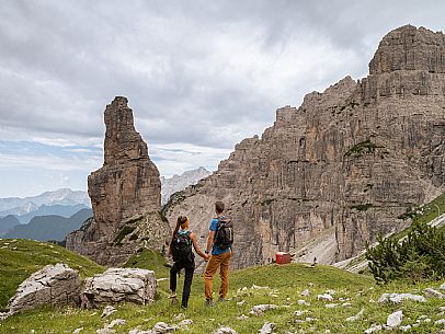 Trekking from the Pordenone Refuge to the Campanile of Val Montanaia, Giuliano Perugini Bivouac. Friulian Dolomites Natural Park, UNESCO. Trekking from the Pordenone Refuge to the Campanile of Val Montanaia, Giuliano Perugini Bivouac. Friulian Dolomites Natural Park, UNESCO.