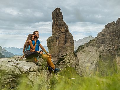 Trekking from the Pordenone Refuge to the Campanile of Val Montanaia, Giuliano Perugini Bivouac. Friulian Dolomites Natural Park, UNESCO. Trekking from the Pordenone Refuge to the Campanile of Val Montanaia, Giuliano Perugini Bivouac. Friulian Dolomites Natural Park, UNESCO.