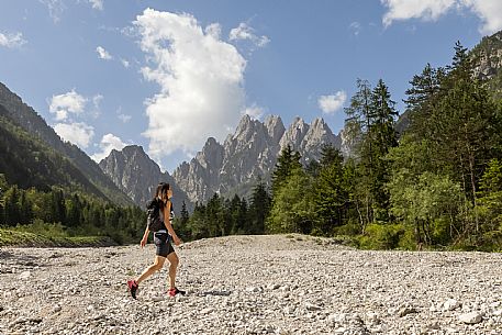 Walking along the fox and bear path in Val Gleris with the majestic Seven Peaks Group in the background, Pontebba