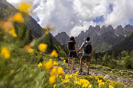 Walking along the fox and bear path in Val Gleris with the majestic Seven Peaks Group in the background, Pontebba