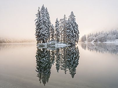 A short distance from the Slovenian border, Lake Predil (or Raibl) covers an ancient glacial basin and is the second largest natural lake in the region after Lake Tre Cime.
Nestled at the foot of the slender peaks of the Julian Alps, the basin is fed by the waters of the many streams that descend from the surrounding mountains. Thanks to their purity, these tributaries give the waters an intense green-blue colour.

Translated with DeepL.com (free version)