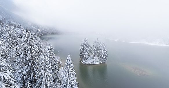 A short distance from the Slovenian border, Lake Predil (or Raibl) covers an ancient glacial basin and is the second largest natural lake in the region after Lake Tre Cime.
Nestled at the foot of the slender peaks of the Julian Alps, the basin is fed by the waters of the many streams that descend from the surrounding mountains. Thanks to their purity, these tributaries give the waters an intense green-blue colour.

Translated with DeepL.com (free version)