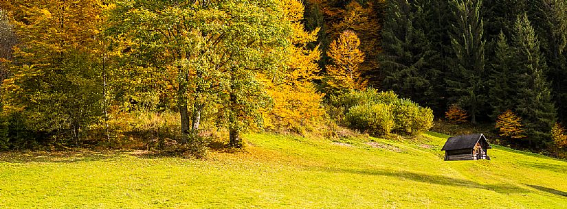 The meadows of Val Bartolo. Here you can immerse yourself in greenery, an expanse of meadows dotted with traditional mountain huts, characterised by wood and sloping roofs with balconies adorned with flowers. Landscapes and trekking in autumn.