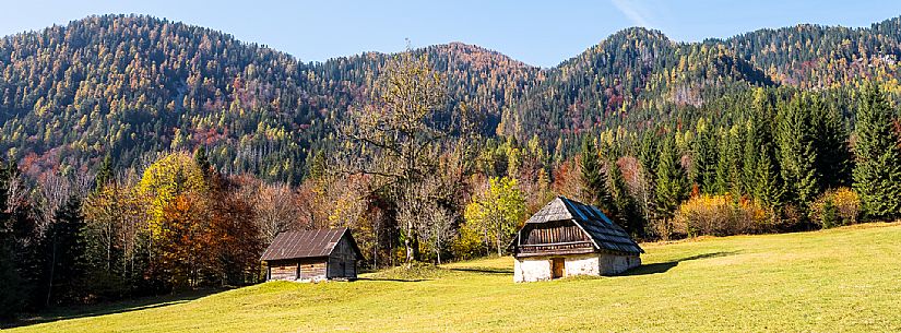 The meadows of Val Bartolo. Here you can immerse yourself in greenery, an expanse of meadows dotted with traditional mountain huts, characterised by wood and sloping roofs with balconies adorned with flowers. Landscapes and trekking in autumn.