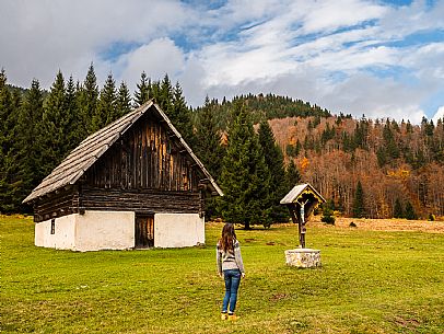 The meadows of Val Bartolo. Here you can immerse yourself in greenery, an expanse of meadows dotted with traditional mountain huts, characterised by wood and sloping roofs with balconies adorned with flowers. Landscapes and trekking in autumn.