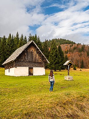 The meadows of Val Bartolo. Here you can immerse yourself in greenery, an expanse of meadows dotted with traditional mountain huts, characterised by wood and sloping roofs with balconies adorned with flowers. Landscapes and trekking in autumn.