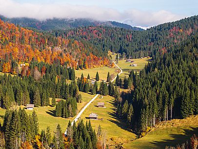 The meadows of Val Bartolo. Here you can immerse yourself in greenery, an expanse of meadows dotted with traditional mountain huts, characterised by wood and sloping roofs with balconies adorned with flowers. Landscapes and trekking in autumn.