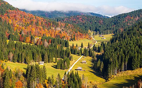 The meadows of Val Bartolo. Here you can immerse yourself in greenery, an expanse of meadows dotted with traditional mountain huts, characterised by wood and sloping roofs with balconies adorned with flowers. Landscapes and trekking in autumn.