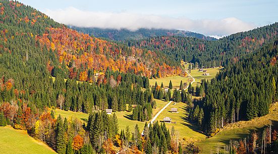 The meadows of Val Bartolo. Here you can immerse yourself in greenery, an expanse of meadows dotted with traditional mountain huts, characterised by wood and sloping roofs with balconies adorned with flowers. Landscapes and trekking in autumn.