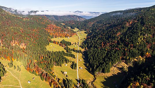 The meadows of Val Bartolo. Here you can immerse yourself in greenery, an expanse of meadows dotted with traditional mountain huts, characterised by wood and sloping roofs with balconies adorned with flowers. Landscapes and trekking in autumn.