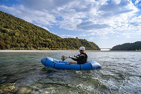 Canoeing, kayaking, and packraft activities on the river in the Pinzano al Tagliamento area, near the confluence of the Arzino and Tagliamanto rivers.
