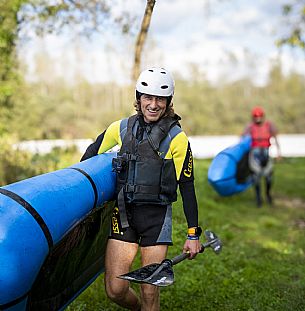 Canoeing, kayaking, and packraft activities on the river in the Pinzano al Tagliamento area, near the confluence of the Arzino and Tagliamanto rivers.