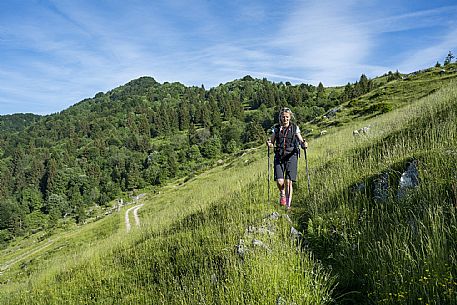Mount Cuar, Friuli Venezia Giulia, Italy. Young hiker along the summit ridge connecting Cuel dai Poz to the summit of Mount Cuar, with a panoramic view overlooking the Friulian Plain and the surrounding landscape. [IT] Monte Cuar, Friuli Venezia Giulia, Italia. Giovane escursionista lungo la cresta sommitale che collega il Cuel dai Poz alla vetta del Monte Cuar, con vista panoramica sulla pianura friulana e sul paesaggio circostante.